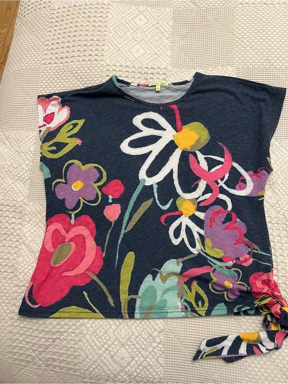 Anthropologie Navy Floral Side-Tie Tee blouse top shirt